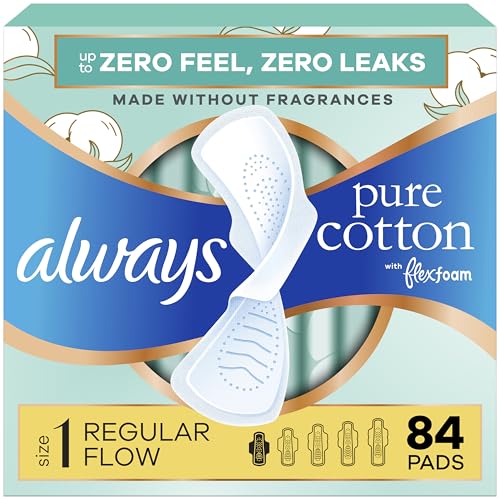 Always Pure Cotton Feminine Pads for Women, FlexFoam Pads with Wings, Size 1, Regular Absorbency, Unscented, 84 Count (3 Packs of 28)