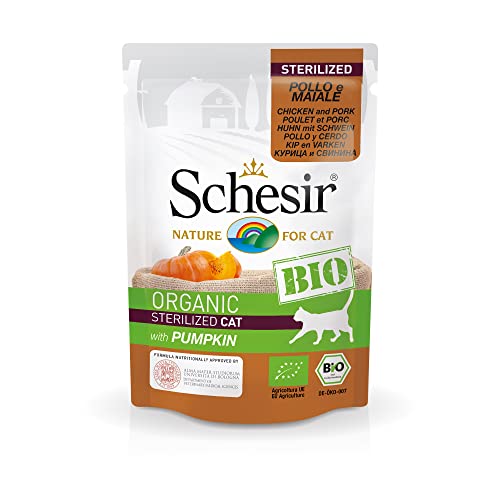 Caja Schesir Cat Bio Esterilizado con sobres de pollo cerdo y calabaza