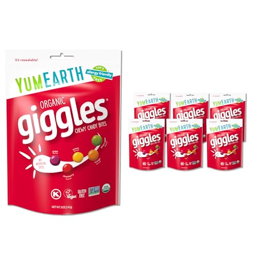 YumEarth Organic Giggles Chewy Candy - Allergy Friendly (Top 9 Free), No Artificial Dyes or Flavors, Non GMO, Gluten Free, Vegan Candy Snacks - 5 Ounce Bag (Pack of 6)