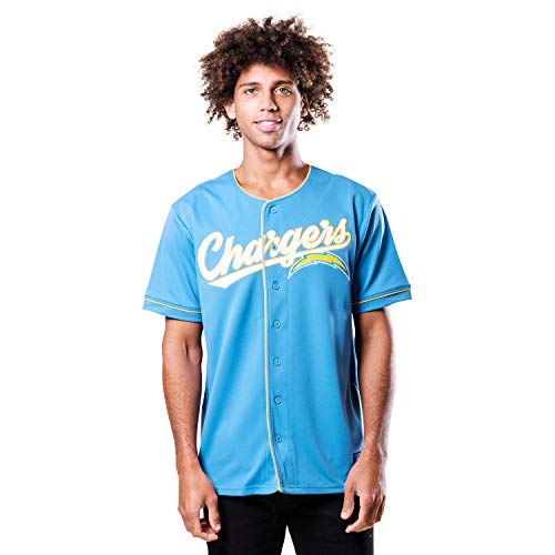 Ultra Game NFL Official Adults Game Day Button Down Baseball Mesh Jersey Shirt - Unisex, Los Angeles Chargers, Team Color, X-Large
