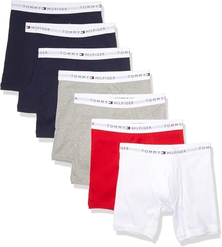 Tommy Hilfiger Mens Underwear Cotton Classics Megapack - Amazon Exclusive Boxer Briefs, 3 Navy, 2 Grey Heather,1 Red, 1 White, Large US