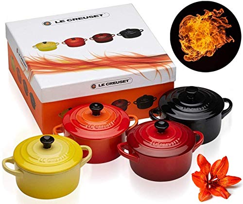 LE CREUSET Stoneware Set of 4 Petite Casseroles, 200 ml, Soleil/Volcanic/Cerise/Black, 79212105129100