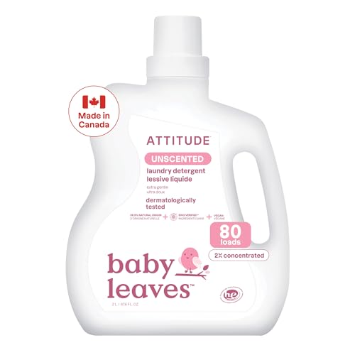 ATTITUDE Baby Laundry Detergent Liquid, EWG Verified, Safe for Baby Clothes, Infant and Newborn, Vegan and Naturally Derived Washing Soap, HE Compatible, Unscented, 80 Loads, 67.6 Fl Oz