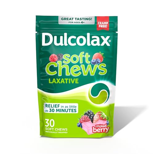 Dulcolax Saline Laxative Soft Chews, Fast-Acting Laxative, Gentle Constipation Relief, Mixed Berry Flavor, Magnesium Hydroxide 1200 mg, 30 Count, Occasional Constipation.