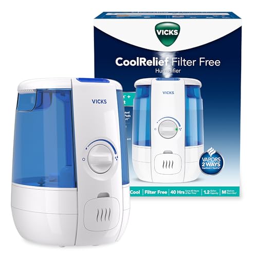 Vicks CoolRelief Cool Mist Humidifier Small to Medium Room Vaporizer for Baby, Kids, Adults, 1.2 GalJRD Humidifier Larg