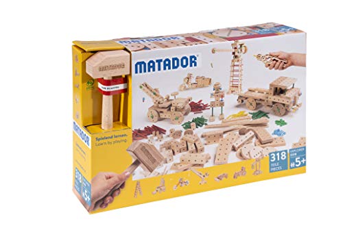 Matador Kinder Baukasten ab 5 Jahren 318-tlg. - Spannendes Holz Konstruktionsspielzeug zur Schulung von Kreativität und Feinmotorik, Bauspielzeug mit