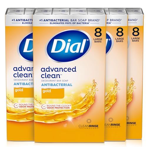 Dial Antibacterial Deodorant Bar Soap, Advanced Clean Gold, 4 Oz, 32 Bars, Round the Clock Odor Protection, Dermatologist Tested, With Clean Rinse Technology