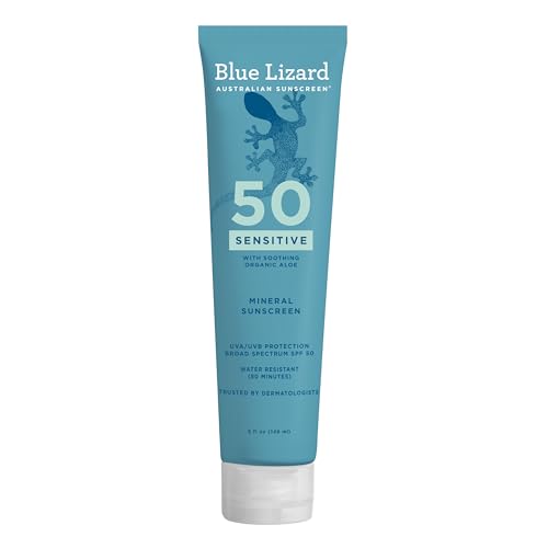 BLUE LIZARD Sensitive Mineral Sunscreen with Zinc Oxide 50+ Water Resistant UVAUVB Protection with Smart Cap Technology Fragrance Free, Sensitve, SPF 50 - - Tube, Unscented, 5 Fl Oz