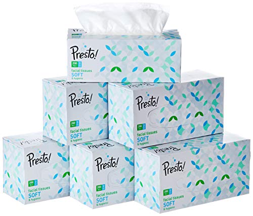 Amazon Brand - Presto! 2 Ply Facial Tissue Box | 1200 Pulls | 200 Pulls X 6 Cartons | Soft And Highly Absorbent | 100% Natural Virgin Cellulose Fiber 