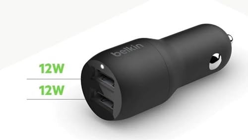 Belkin 24W Dual USB-A Fast Charge Car Charger Adapter. with 12W Pd from Each USB-A Ports Quick Charge All Compatible Devices (Mobiles, Tablets, Speake