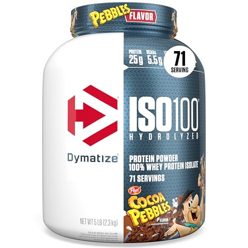 Dymatize x Cocoa Pebbles ISO100 Whey Protein Powder Isolate, 25g of Protein, 5.5g BCAAs, 120 Cal., Gluten Free, 1g Fat, 1g Sugar, 2g Carb (71 Servings)