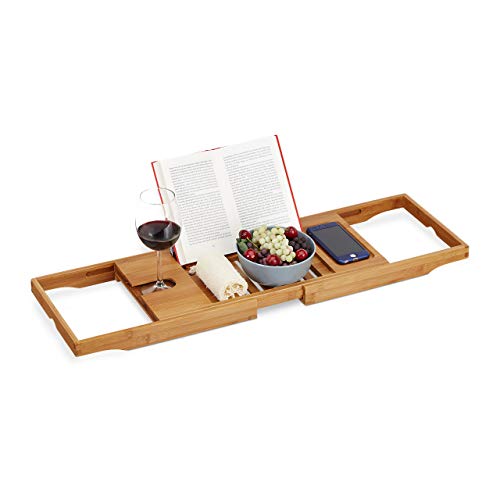 Relaxdays Large Bamboo Bath Tray, Book & Tablet Holder, Glass Support, Luxury, Light, Extendable 70-105 cm, Natural