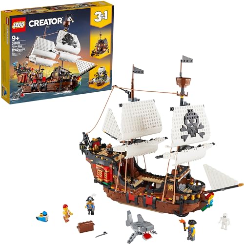 LEGO Creator 3 in 1 Pirate Ship Building Set, Kids can Rebuild The Pirate Ship into an Inn or Skull Island, Features 4 Minifigures and Shark Toy, Makes a Great Gift for Kids Ages 9+ Years Old, 31109