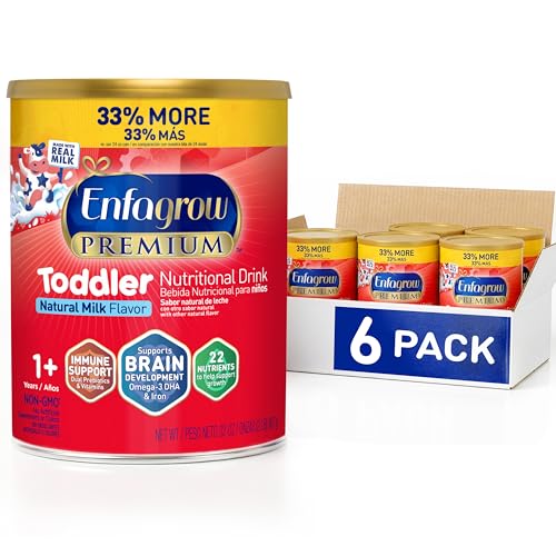 Enfagrow PREMIUM Toddler Nutritional Drink, Made with Real Milk, Brain-Building Omega-3 DHA, Nutrients and Prebiotics for Growth & Immune Support, Non-GMO, Toddler Milk Powder, 32 Oz Can, 6 Count