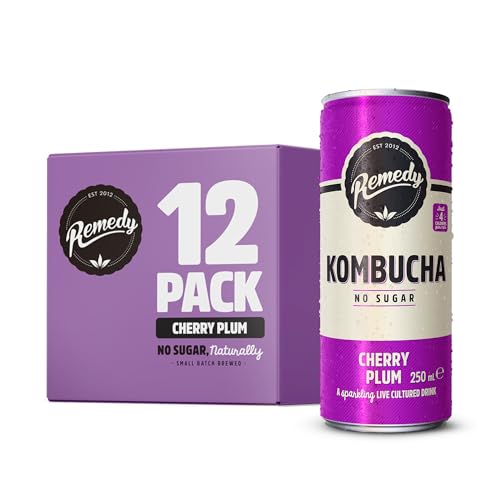 Remedy Kombucha Tea - Cherry Plum - Sparkling Live Cultured Drink - Naturally Sugar Free Soft Drink - Prime Probiotic Drink for Gut Health - 12 x 250ml