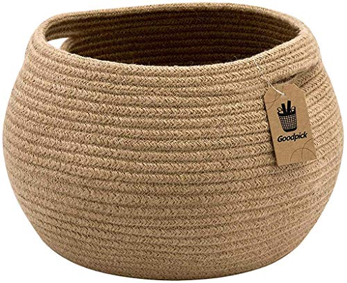 Goodpick Wicker Storage Basket for Living Room, Small Round Woven Basket for Toys, Towel, Bedroom, Children Corner Decoration Plant Baskets Indoor, Jute, 10"D x 8.3"H