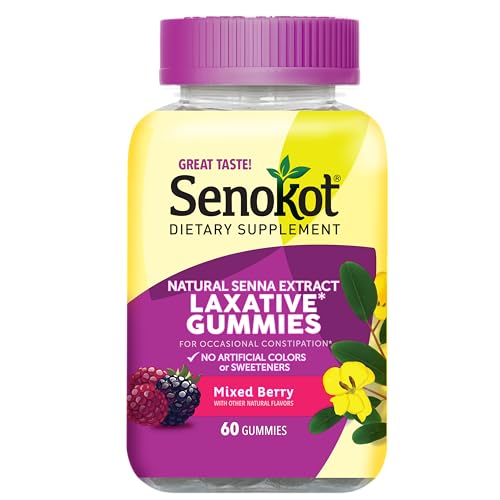 Senokot Dietary Supplement Laxative Gummies, Natural Senna Extract, Gentle, Overnight Relief from Occasional Constipation, Mixed Berry Flavor, 60 Count.