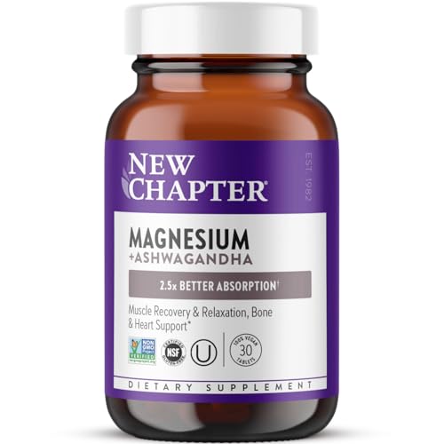 New Chapter Magnesium + Ashwagandha Supplement, 325 mg with Magnesium Glycinate, Calm & Relaxation, Muscle Recovery, Heart & Bone Health, 2.5x Absorption, Gluten Free, Non-GMO - 30 ct (1 Month Supply)