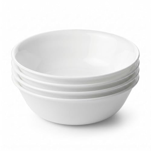 Corelle 4-Pc Meal Bowls Set Service for 4, Durable and Eco-Friendly 9-1/4-Inch Glass Bowls, Compact Stack Bowl Set, Microwave and Dishwasher Safe, White, 46 Ounces