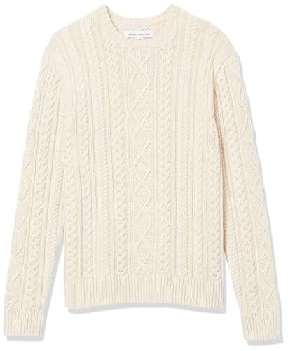 Amazon Essentials Men's Long-Sleeve 100% Cotton Fisherman Cable Crewneck Sweater, Off-White, Medium