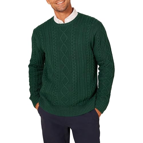 Amazon Essentials Men's Long-Sleeve 100% Cotton Fisherman Cable Crewneck Sweater, Dark Green, Large