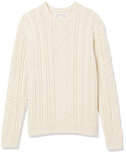 Amazon Essentials Men's Long-Sleeve 100% Cotton Fisherman Cable Crewneck Sweater, Off-White, X-Small