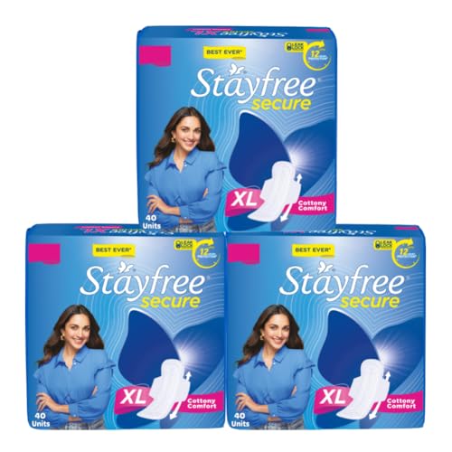 Stayfree Secure xl | Combo packs 120 Pads | Cottony Soft Sanitary Pads for Women | with Leak Lock Technology | Odour Control | Absorbs upto 100% Fluid