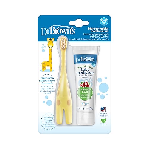 Dr. Brown's Infant-to-Toddler Training Toothbrush Set with Fluoride-Free Baby Toothpaste, Strawberry - Giraffe - 1.4oz - 0-3 Years