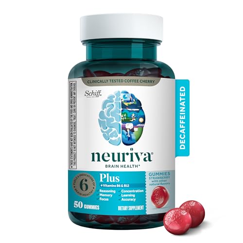 NEURIVA Plus Brain Supplement for Memory,Focus & Concentration+Cognitive Function with Vitamins B6 & B12 and Clinically Tested Nootropics Phosphatidylserine and Neurofactor,50ct Strawberry Gummies