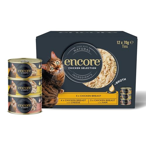 Encore 100% Natural Wet Cat Food, Multipack Chicken Selection in Broth (Pack of 12 x 70g Tins)