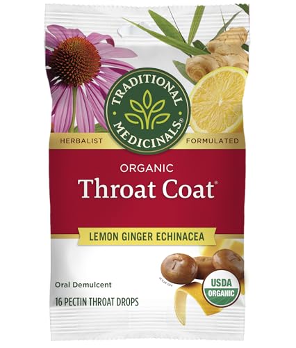 Traditional Medicinals Lozenges, Organic Throat Coat Lemon Ginger Echinacea, Sore Throat Support, 16 Individually Wrapped Lozenges