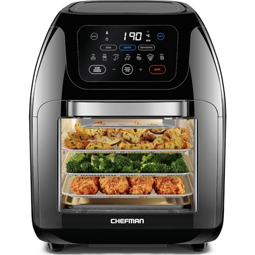 ⚡ BLITZDEAL (-40%) Chefman Multifunktionale Digitale Heißluftfritteuse + Rotisserie, Dörrautomat, Konvektion, 17 Touchscreen-Voreinstellungen, XL 10L Familiengröße, Automatische Abschaltung, Großes Sichtfenster, Schwarz