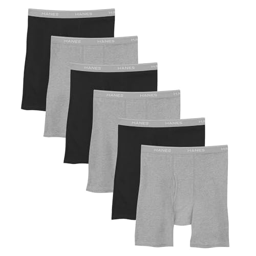 Hanes Men's Boxer Soft Breathable Cotton ComfortFlex Waistband, Multipack Brief Underwear, 6 Pack - Black/Gray, Large