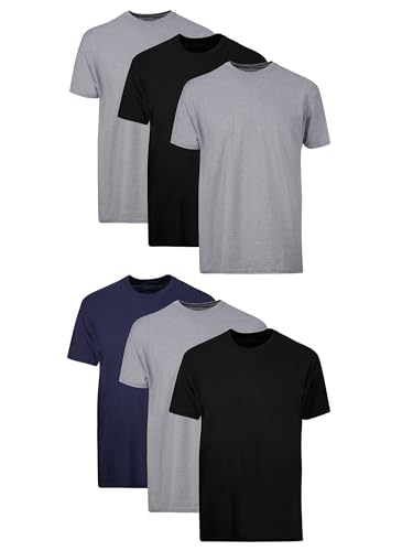 Hanes Mens Cotton, Moisture-wicking Crew Tee Undershirts, Multi-packs, Black/Grey/Blue Assorted - 6 Pack, Large US