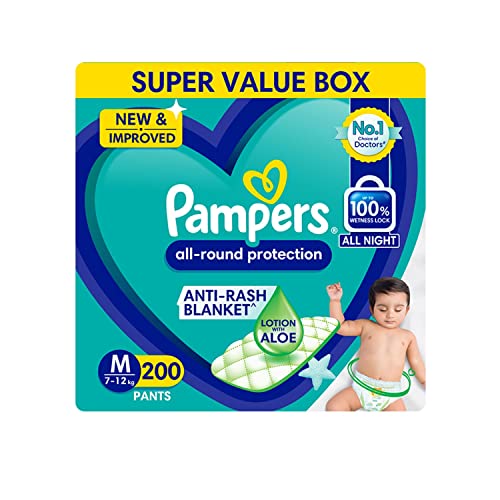 Complete Skin Comfort Pants| Pant style Diaper Medium, 200 count| Anti-Rash blanket lotion with Vit E and Aloe Vera | All night protection with leak p