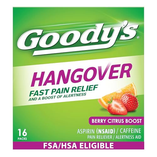 Goody's Hangover Relief Powder, Dual Action Fast Headache Pain Relief with Aspirin and Caffeine, Berry Citrus Flavor, 16 Count