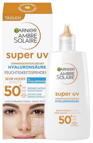 (-34%) Garnier Ambre Solaire LSF 50+ Super UV Fluid Sonnenschutz, Sonnencreme mit Hyaluronsäure, ultraleichte & mattierende Formel für das Gesicht, unsichtbar, Schutz vor Sonnenbrand & Pigmentflecken, 40ml