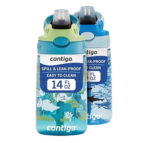 Contigo Aubrey Kids Water Bottle, 2-Pack, 14oz, Dinos & Sharks, Spill-Proof Lid, Dishwasher Safe, Blue & Green