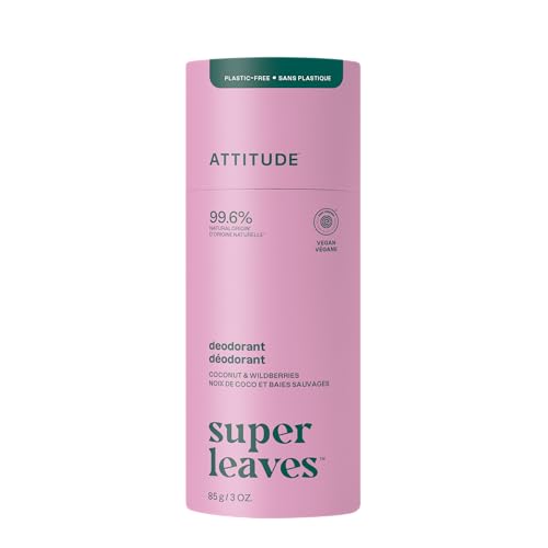 ATTITUDE Plastic-Free Deodorant, EWG Verified, Aluminum Free, Vegan Naturally Sourced Body Deodorants for Women & Men, Dermatologically Tested, White Tea Leaves, 3 Ounces