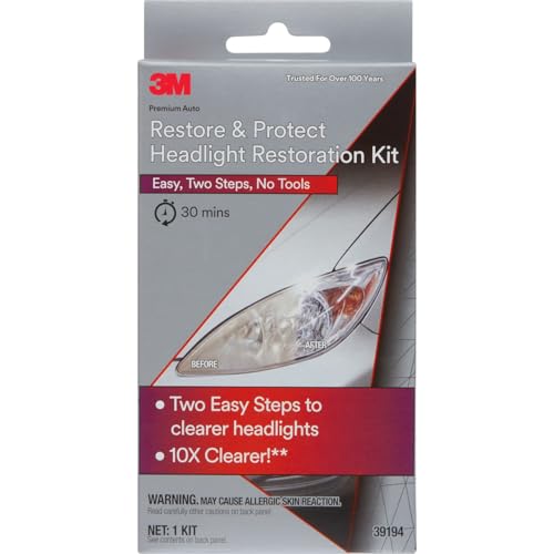 3M Auto Restore and Protect Headlight Restoration Kit, Use On Plastic Lenses, Headlights, Taillight, Fog Lights and More, Includes Sanding Discs, Headlight Clear Coat Wipes, Foam Pad and Glove (39194)