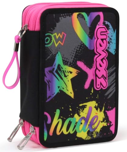 🔥 STARKER PREIS (-37%) Seven Federmäppchen Kinder, Mäppchen Mädchen mit Inhalt, Federtasche Schule 3 Fächer, Schüleretui, groß mit Blei- und Filzstiften, rosa/schwarz