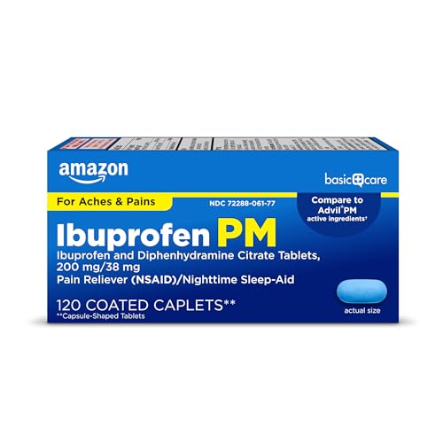 Amazon Basic Care Ibuprofen PM, Ibuprofen 200 mg and Diphenhydramine Citrate 38 mg Tablets, Pain Reliever and Nighttime Sleep-Aid, 120 Count (Packaging may vary)