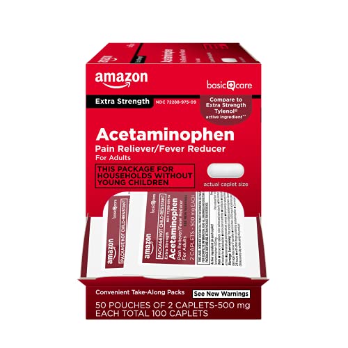 Amazon Basic Care - Extra Strength Acetaminophen Caplet 500 mg, 100 Count ( 50 pouches of 2 caplets )