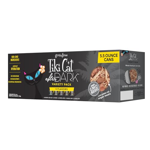 Tiki Cat After Dark, Variety Pack, High-Protein and 100% Non-GMO Ingredients, Wet Cat Food for Adult Cats, 5.5 oz. Cans (Pack of 8)