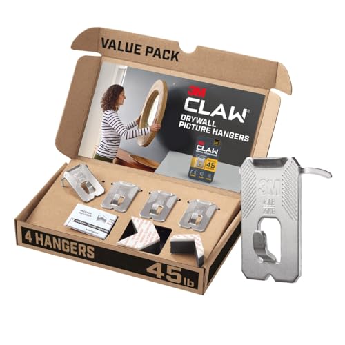 3M CLAW Drywall Picture Hanger, 4 Pack, Silver Steel Claw, Holds Up to 45 Pounds
