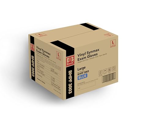 Basic Medical Synmax Vinyl Exam Gloves - Latex-Free & Powder-Free - Large, BMPF-3003(Case of 1,000) Blue