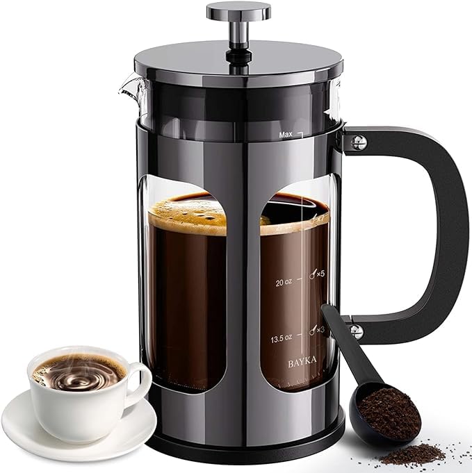BAYKA French Press Coffee Maker, Large 304 Stainless Steel Coffee Press, Cold Brew Heat Resistant Thickened Borosilicate Coffee Pot for Camping Travel Gifts, 34 Ounce, Dark Pewter