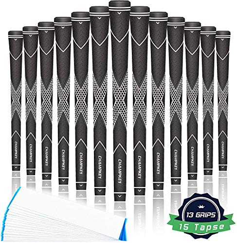 CHAMPKEY Premium Rubber Golf Grips 13 Pack | High Traction & Feedback | Standard/Midsize, 0.600" Round Core, 10.5" Length, 50g/55g Weight, 15 Tapes Included, White/Black