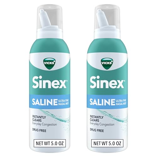 Vicks Sinex SALINE Nasal Spray, Drug Free Ultra Fine Mist, Clear Everyday Sinus Congestion Fast, Clear Mucus from a Cold or Allergy, Daily Use 5.0 fl oz x 2