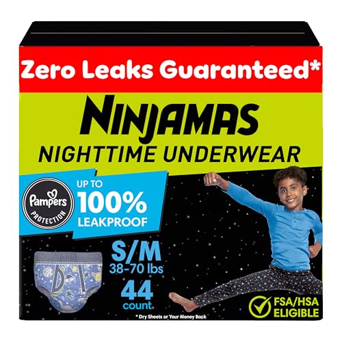 Ninjamas Boys Bedwetting Nighttime Underwear, Size S/M (38-70 lbs), 44 Count, Overnight Protection, Ultra Absorbent, Hypoallergenic